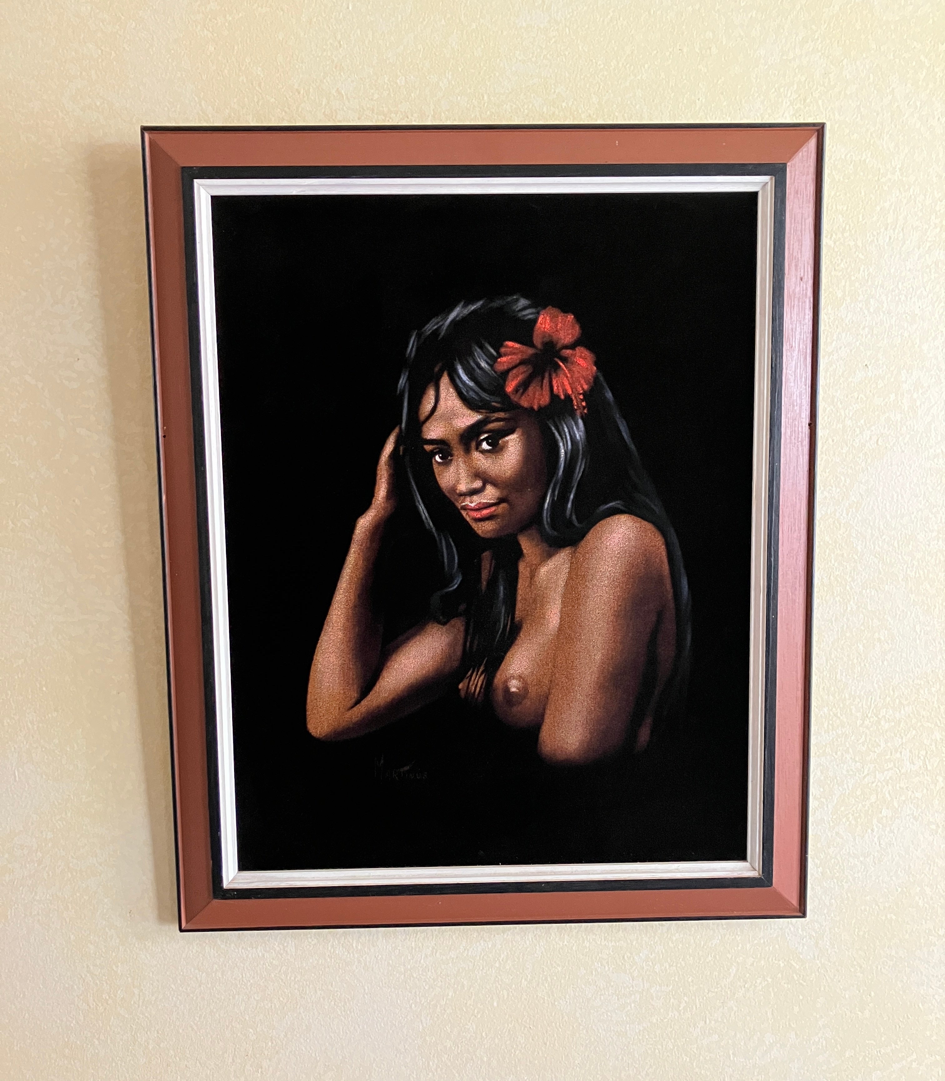 Vintage Velvet Painting Nude Hawaiian Lady Portrait Signed Martinus 60s
