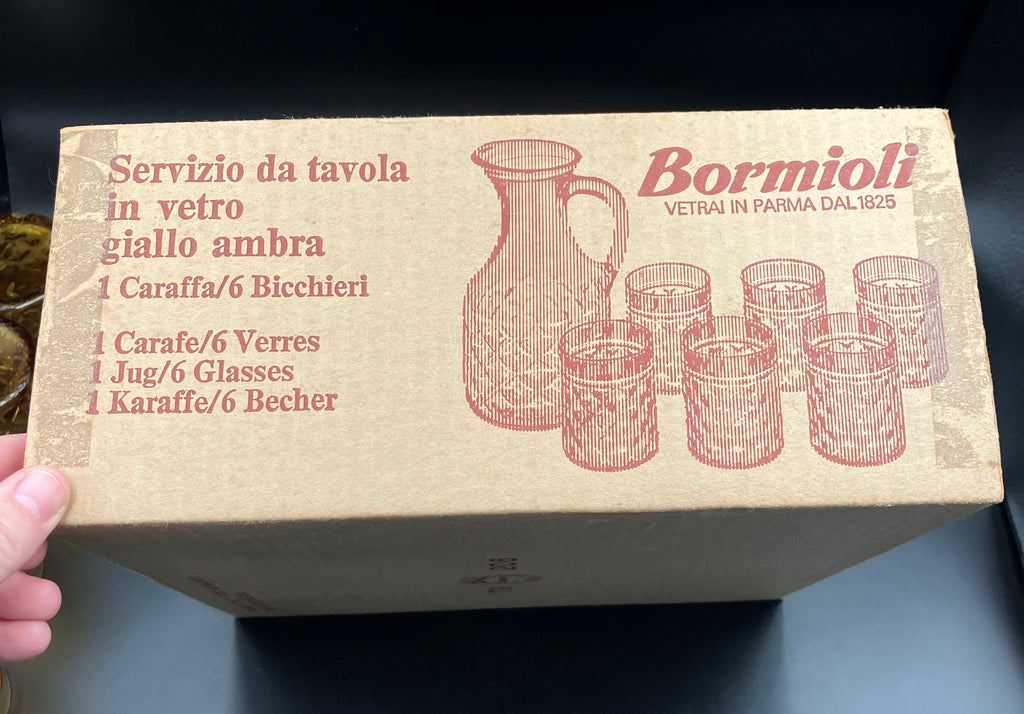 Mid Century Bormioli Italian Amber Glass Jug & 6 Glasses Set With Original Box