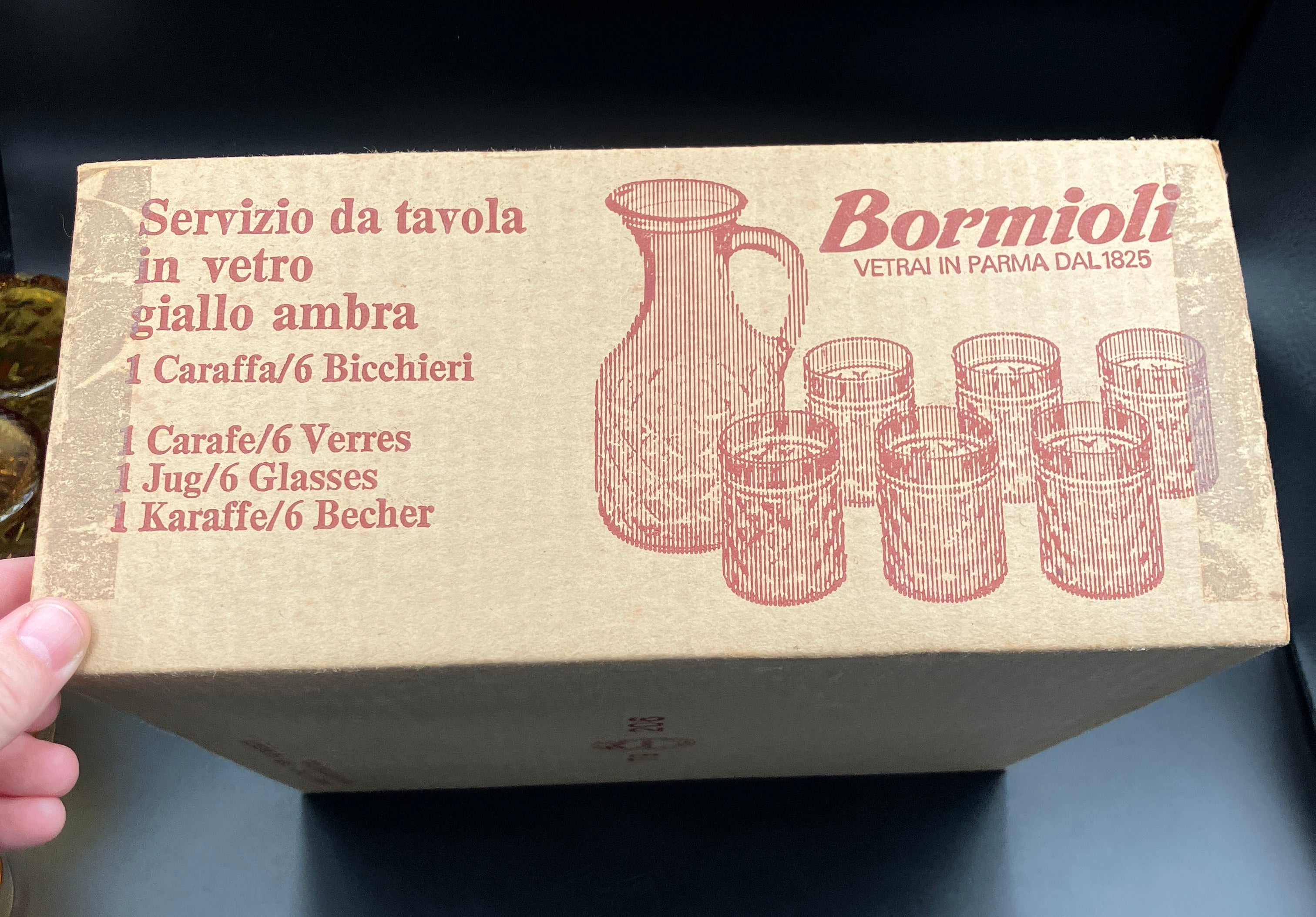 Mid Century Bormioli Italian Amber Glass Jug & 6 Glasses Set With Original Box