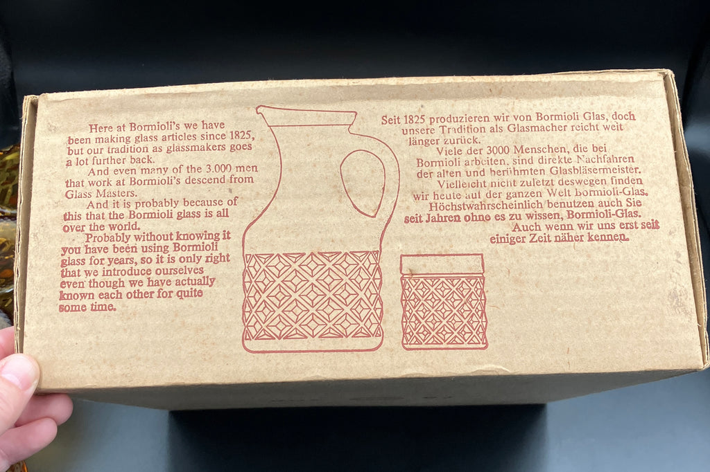 Mid Century Bormioli Italian Amber Glass Jug & 6 Glasses Set With Original Box