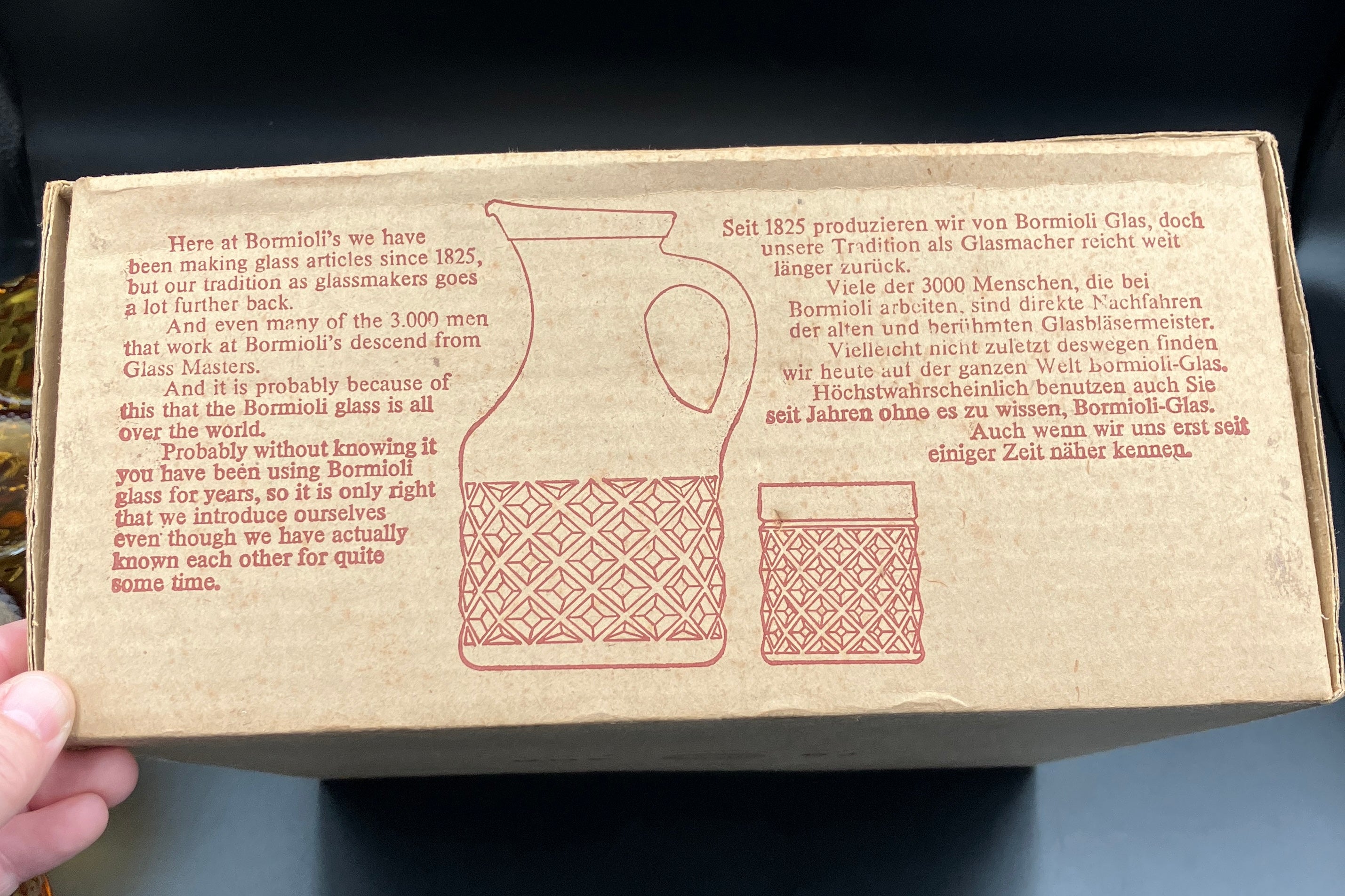 Mid Century Bormioli Italian Amber Glass Jug & 6 Glasses Set With Original Box