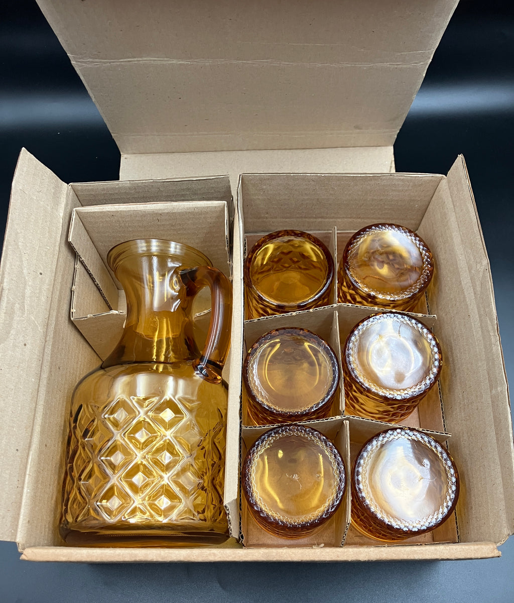 Mid Century Bormioli Italian Amber Glass Jug & 6 Glasses Set With Original Box