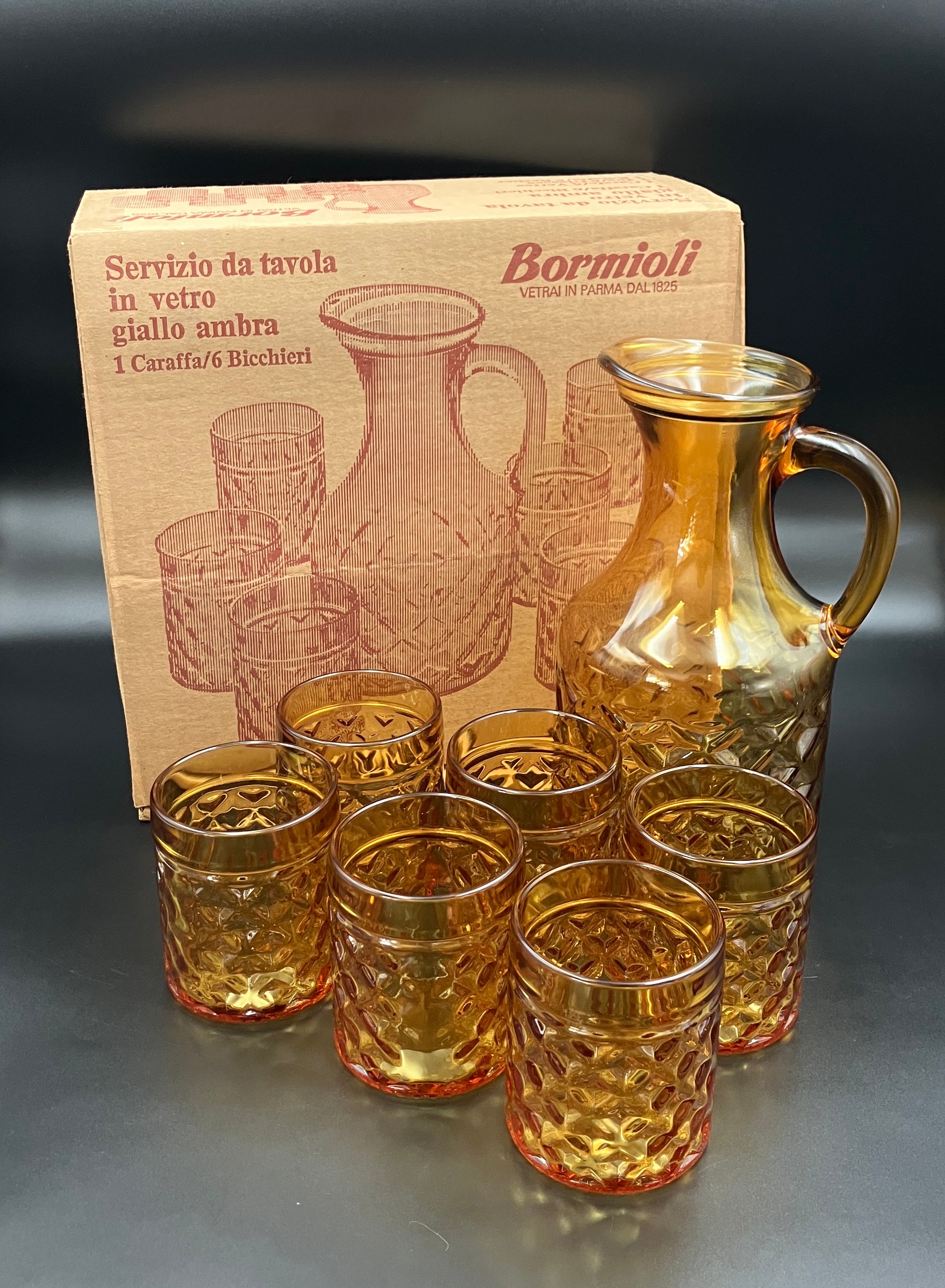 Mid Century Bormioli Italian Amber Glass Jug & 6 Glasses Set With Original Box