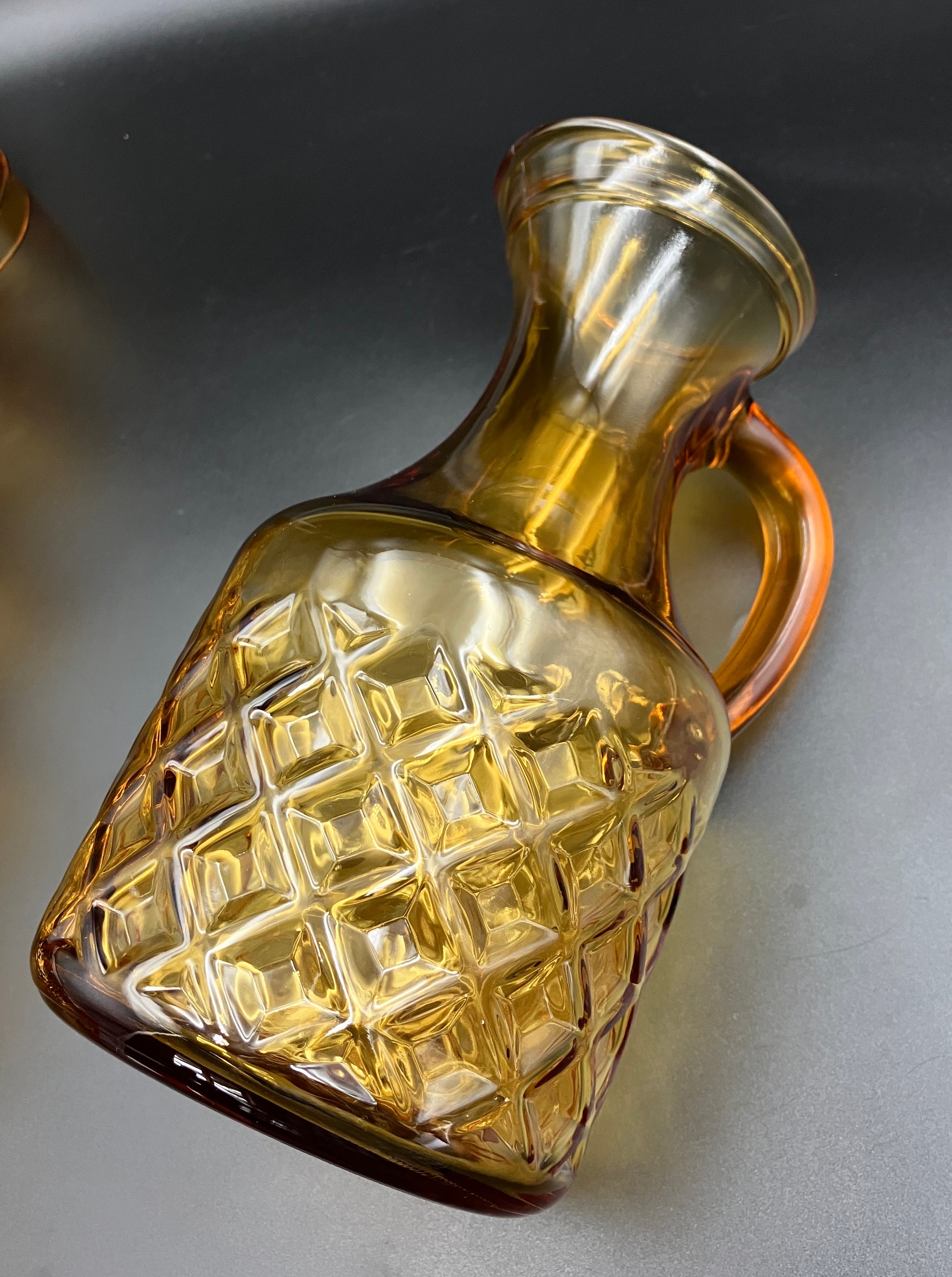 Mid Century Bormioli Italian Amber Glass Jug & 6 Glasses Set With Original Box