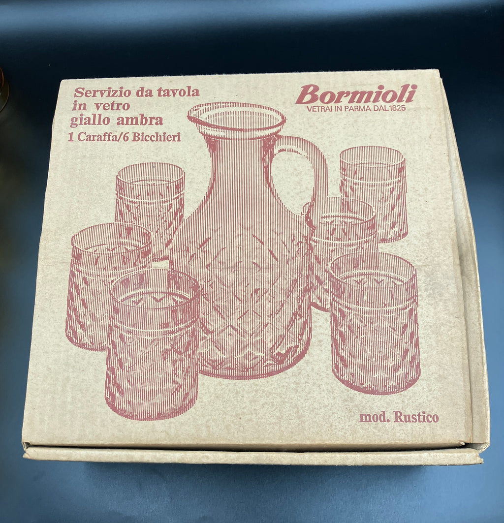 Mid Century Bormioli Italian Amber Glass Jug & 6 Glasses Set With Original Box